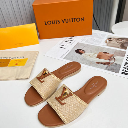 LV 26S FLAT SLIDES IN BROWN CALFSKIN AND BEIGE RAFFIA