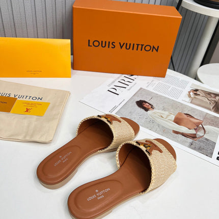 LV 26S FLAT SLIDES IN BROWN CALFSKIN AND BEIGE RAFFIA
