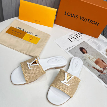 LV 26S FLAT SLIDES IN WHITE CALFSKIN AND BEIGE RAFFIA