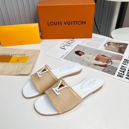 LV 26S FLAT SLIDES IN WHITE CALFSKIN AND BEIGE RAFFIA