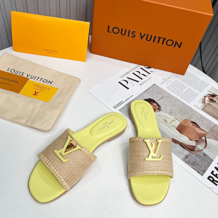 LV 26S FLAT SLIDES IN LIGHT YELLOW CALFSKIN AND BEIGE RAFFIA