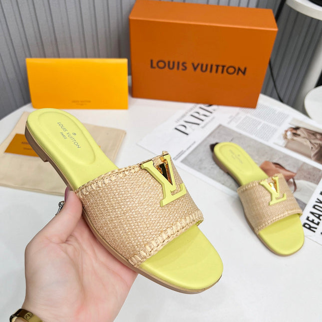 LV 26S FLAT SLIDES IN LIGHT YELLOW CALFSKIN AND BEIGE RAFFIA