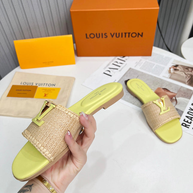 LV 26S FLAT SLIDES IN LIGHT YELLOW CALFSKIN AND BEIGE RAFFIA