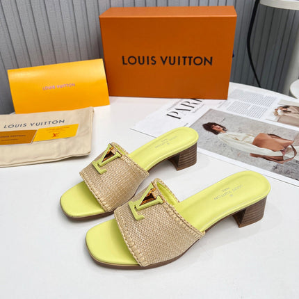 LV 26S CAPRI HIGH-HEELED MULES IN LIGHT YELLOW CALFSKIN AND BEIGE RAFFIA