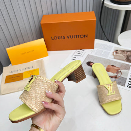 LV 26S CAPRI HIGH-HEELED MULES IN LIGHT YELLOW CALFSKIN AND BEIGE RAFFIA