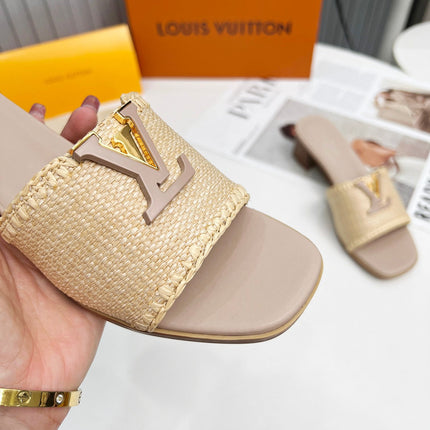 LV 26S CAPRI HIGH-HEELED MULES IN DARK BEIGE CALFSKIN AND RAFFIA