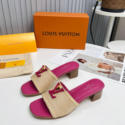 LV 26S CAPRI HIGH-HEELED MULES IN PINK CALFSKIN AND BEIGE RAFFIA