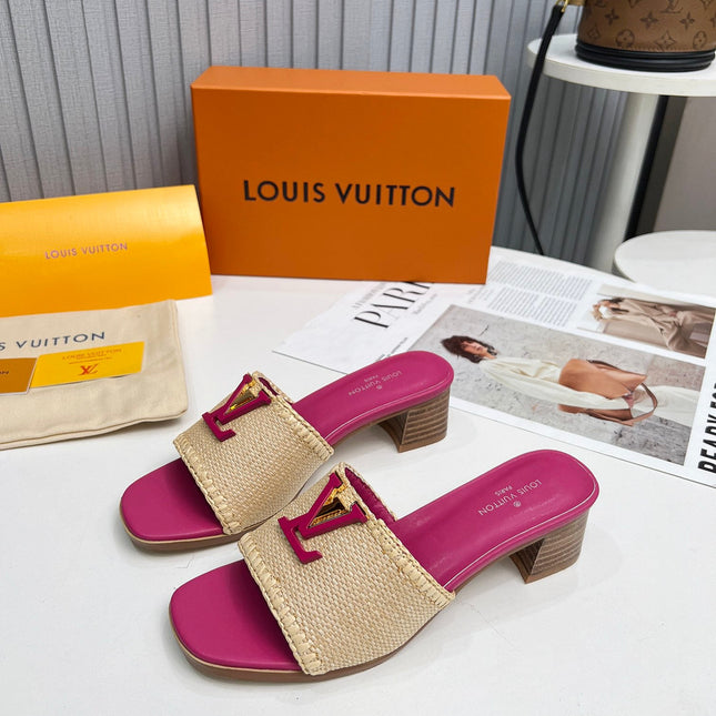 LV 26S CAPRI HIGH-HEELED MULES IN PINK CALFSKIN AND BEIGE RAFFIA