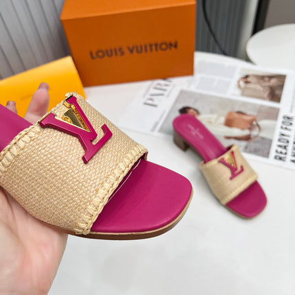 LV 26S CAPRI HIGH-HEELED MULES IN PINK CALFSKIN AND BEIGE RAFFIA