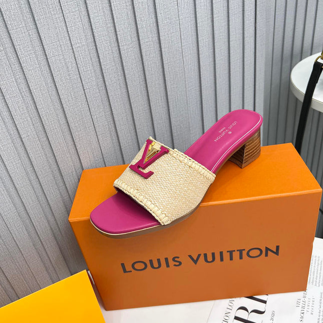 LV 26S CAPRI HIGH-HEELED MULES IN PINK CALFSKIN AND BEIGE RAFFIA