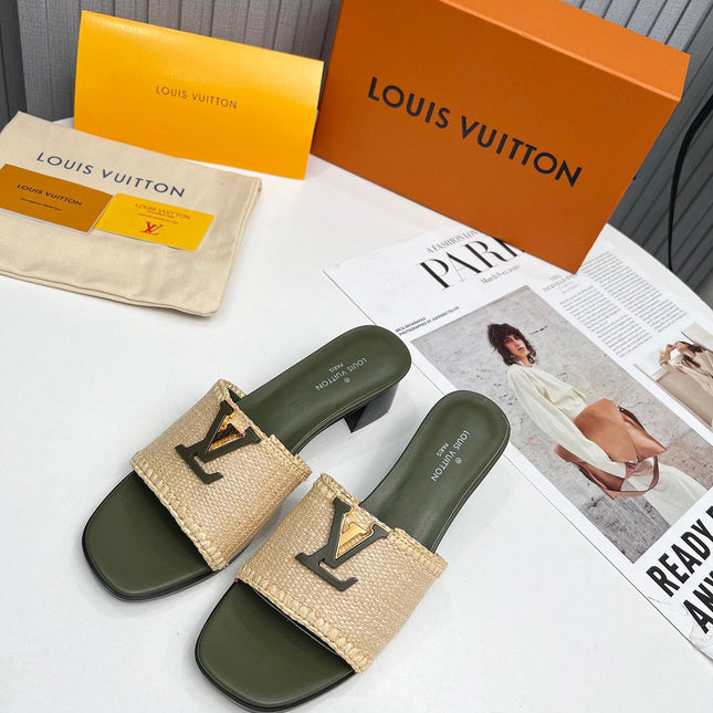 LV 26S CAPRI HIGH-HEELED MULES IN MOSS GREEN CALFSKIN AND BEIGE RAFFIA
