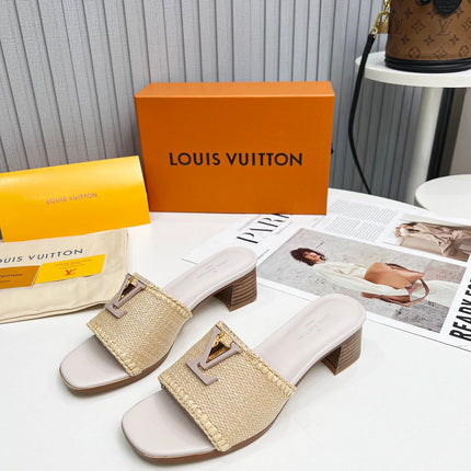 LV 26S CAPRI HIGH-HEELED MULES IN ASH BEIGE CALFSKIN AND RAFFIA