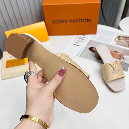 LV 26S CAPRI HIGH-HEELED MULES IN ASH BEIGE CALFSKIN AND RAFFIA