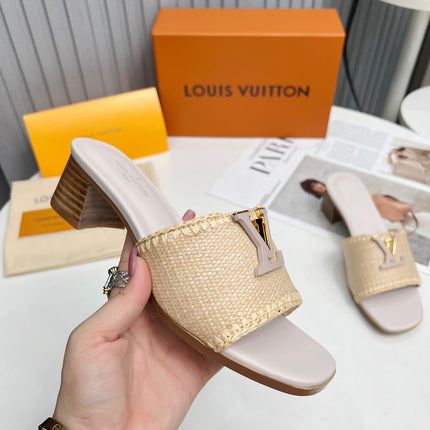LV 26S CAPRI HIGH-HEELED MULES IN ASH BEIGE CALFSKIN AND RAFFIA