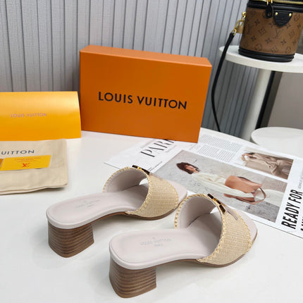 LV 26S CAPRI HIGH-HEELED MULES IN ASH BEIGE CALFSKIN AND RAFFIA