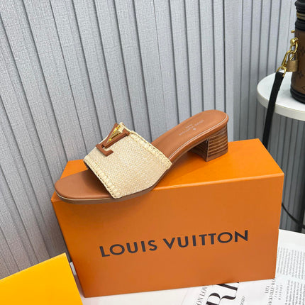 LV 26S CAPRI HIGH-HEELED MULES IN BROWN CALFSKIN AND BEIGE RAFFIA