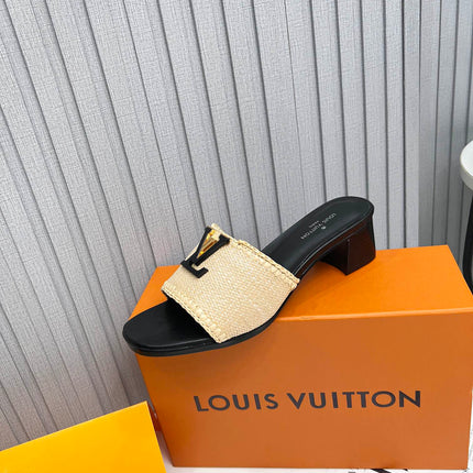 LV 26S CAPRI HIGH-HEELED MULES IN BLACK CALFSKIN AND BEIGE RAFFIA