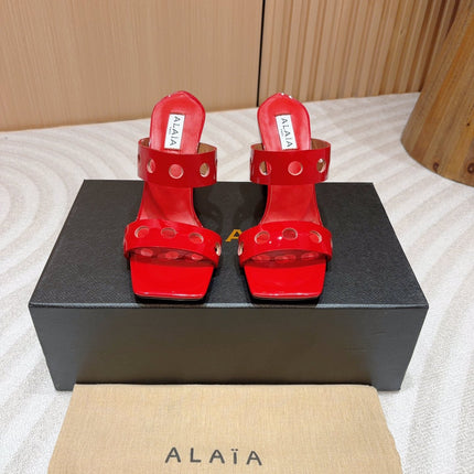 ALAIA TWO-STRAPS HIGH HEEL SANDALS IN CHERRY RED PATENT LAMBSKIN