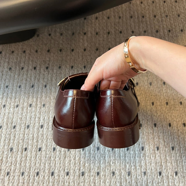 MIUMIU 26S SLIP-ON LOAFERS IN DARK REDDISH BROWN CALFSKIN SQUARE BUCKLE