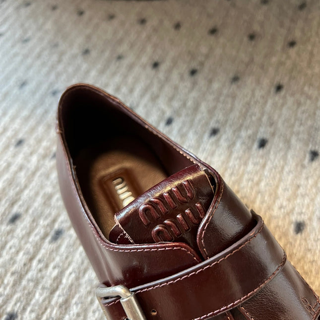 MIUMIU 26S SLIP-ON LOAFERS IN DARK REDDISH BROWN CALFSKIN SQUARE BUCKLE