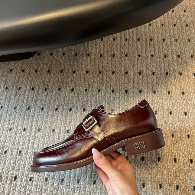 MIUMIU 26S SLIP-ON LOAFERS IN DARK REDDISH BROWN CALFSKIN SQUARE BUCKLE