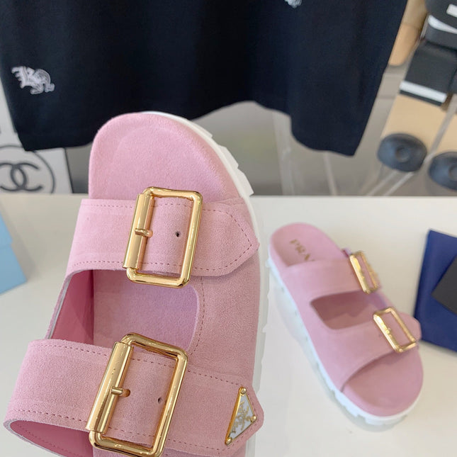 PRA STRAP SLIDES SANDALS PASTEL PINK SUEDE