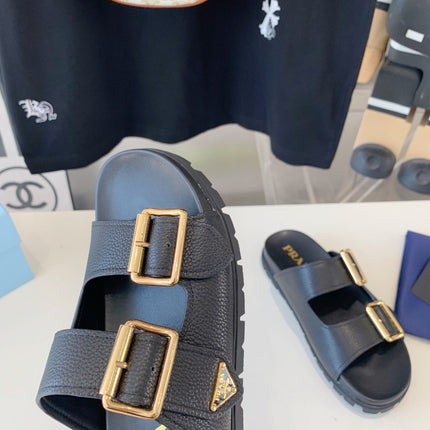 PRA STRAP SLIDES SANDALS BLACK LAMBSKIN