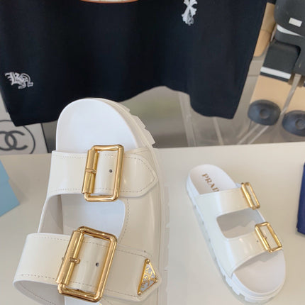 PRA STRAP SLIDES SANDALS GLOSSY WHITE CALFSKIN