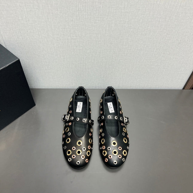 ALAIA MARY JANE SHOES IN BLACK LAMBSKIN GOLD MIX SILVER HARDWARE