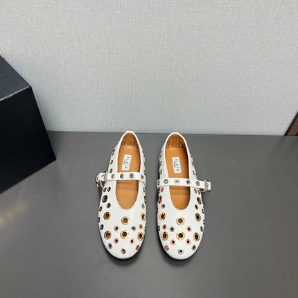 ALAIA MARY JANE SHOES IN WHITE LAMBSKIN GOLD MIX SILVER HARDWARE