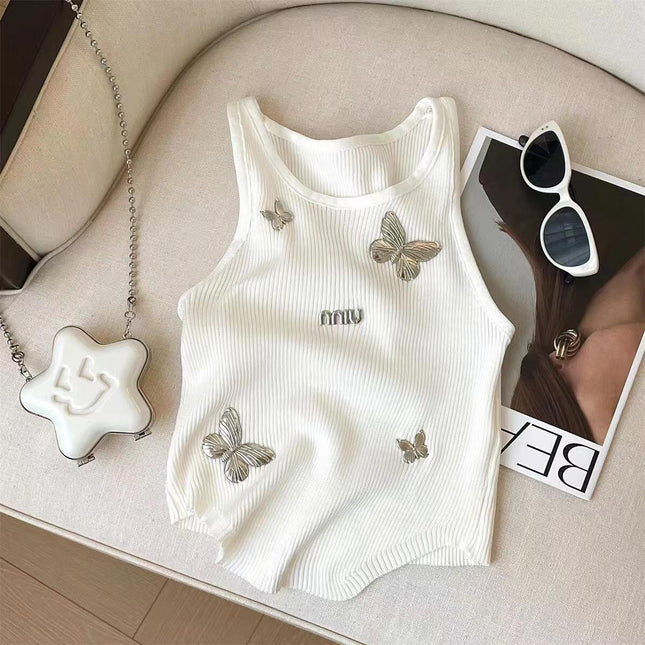 Miu Butterfly Embroidered Ribbed Tank Top