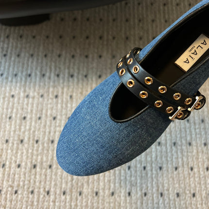 ALAIA MARY JANE SHOES IN CERULEAN BLUE ZP CUSTOM STRAW AND DENIM