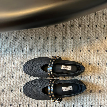 ALAIA MARY JANE SHOES IN BLACK ZP CUSTOM STRAW AND DENIM