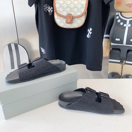 BIRKENSTOCK SLIPPERS ATTACHED RHINESTONES IN BLACK CALFSKIN