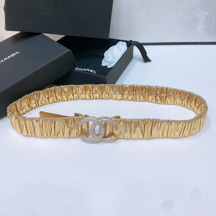CC ELASTIC BELT 30MM IN GOLD CALFSKIN GOLD HARDWARE WITH RHINSTONES