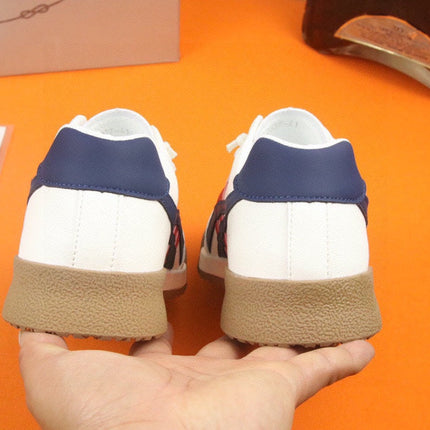 PRA SNEAKER IN WHITE CALFSKIN WITH NAVY BLUE AND RED STRIPED