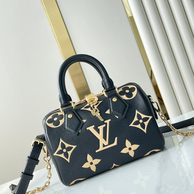 SPEEDY BANDOULIÈRE 20 IN BLACK CREAM MONOGRAM EMPREINTE LEATHER GOLD HARDWARE