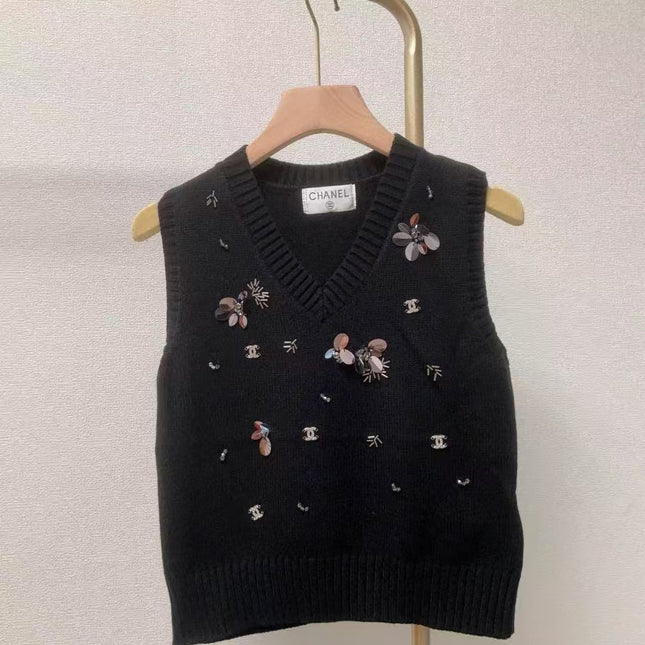 CC Sequined ribbed V-neck knitted vest