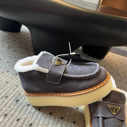 PRADA WHITE SHEARLING LOAFERS IN GREY SUEDE