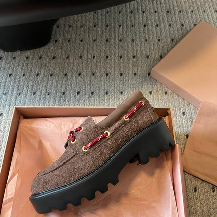 MIUMIU 26S CHUNKY SOLE LOAFERS IN DARK BROWN SUEDE