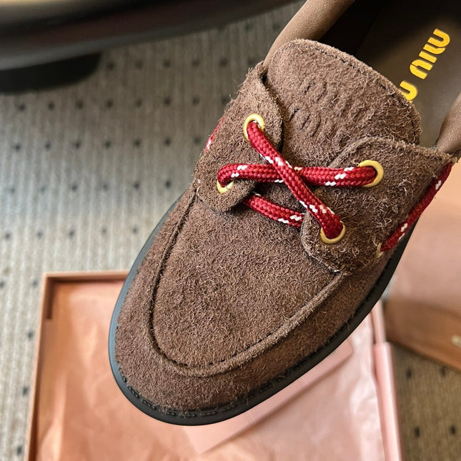 MIUMIU 26S CHUNKY SOLE LOAFERS IN DARK BROWN SUEDE
