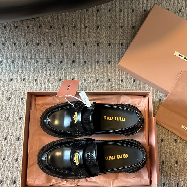 MIUMIU 26S LOAFERS 60MM IN BLACK SHINY CALFSKIN