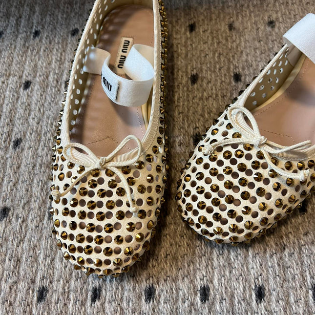 MIUMIU 26S BALLERINA FLATS IN LIGHT BEIGE MESH CALFSKIN WITH RHINESTONES