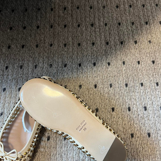 MIUMIU 26S BALLERINA FLATS IN LIGHT BEIGE MESH CALFSKIN WITH RHINESTONES