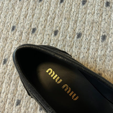 MIUMIU 26S PENNY LOAFERS IN BLACK CALFSKIN GOLD HARDWARE