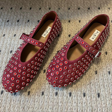 STRASS BALLET FLATS IN BERRY RED LAMBSKIN