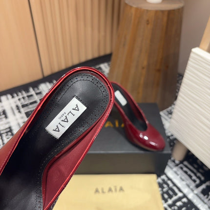 HIGH-HEEL 10 CM MULES IN BERRY RED PATENT CALFSKIN