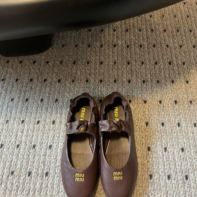 MIUMIU 26S BALLERINAS IN DARK BROWN RUCHES NAPPA CALFSKIN