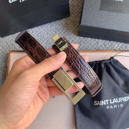 YSL 25S BELT 24 MM IN DARK BROWN EMBOSSED CALFSKIN 529686