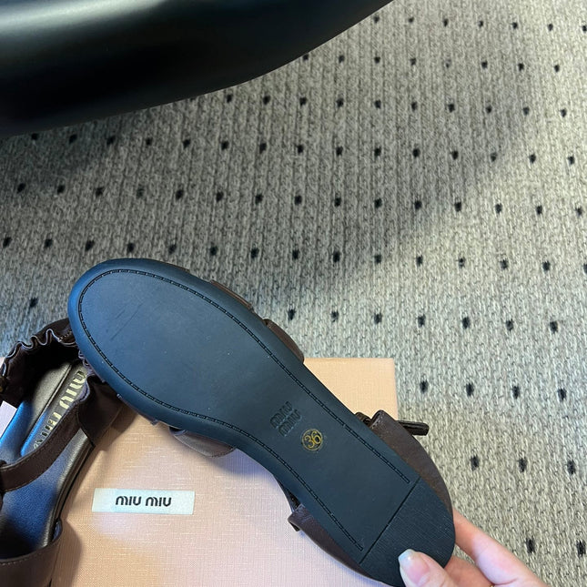 MIUMIU 26S FISHERMAN SANDALS IN DARK BROWN RUCHES NAPPA CALFSKIN